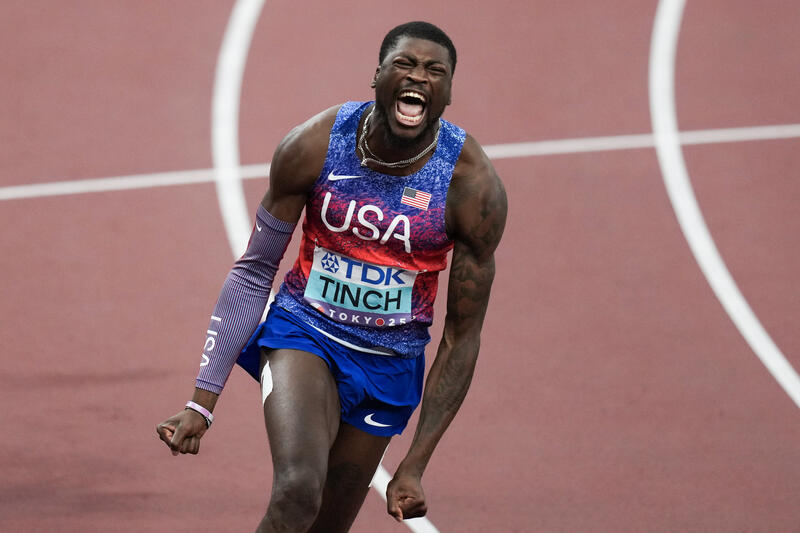 Gold medalist Cordell Tinch of the USA reacts after winning the 110 Metres Hurdles Men Final during the World Athletics Championships in Tokyo, Japan 2025 in Tokyo, Japan on September 16, 2025. Matrix Images / Nic Bothma