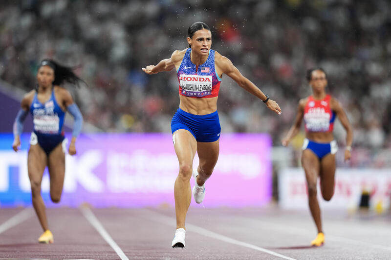 Gold medalist Sydney McLaughlin-Levrone of USA sets a new Championship record as she crosses the line to win the WomenÕs 400m Final during the World Athletics Championships in Tokyo, Japan on September 18, 2025. Matrix Images / Nic Bothma