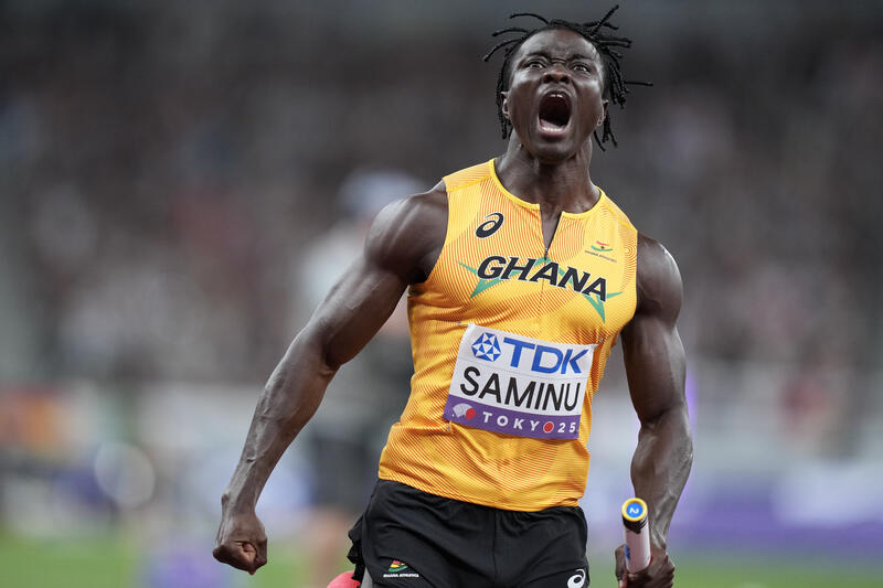 Abdul-Rasheed Saminu of Ghana reacts after Ghana won their heat to proceed to the final of the 4x100m Mens Relay during the World Athletics Championships in Tokyo, Japan on September 20, 2025. Matrix Images / Nic Bothma