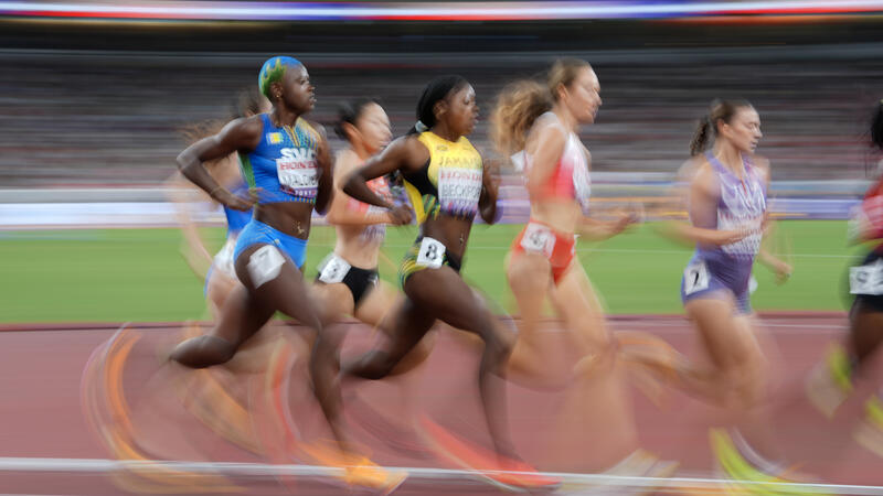 Shafiqua Maloney of Saint Vincent (L) competes in the 800 Metres Women heat during the World Athletics Championships in Tokyo, Japan on September 18, 2025. Matrix Images / Nic Bothma