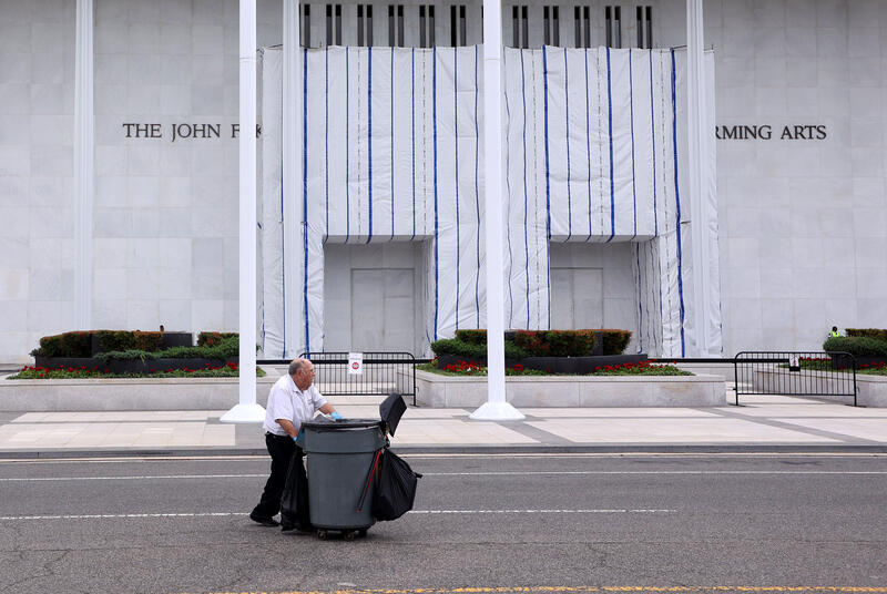 A tarp covers the facade of the John F. Kennedy Center for the Performing Arts in Washington DC, USA.